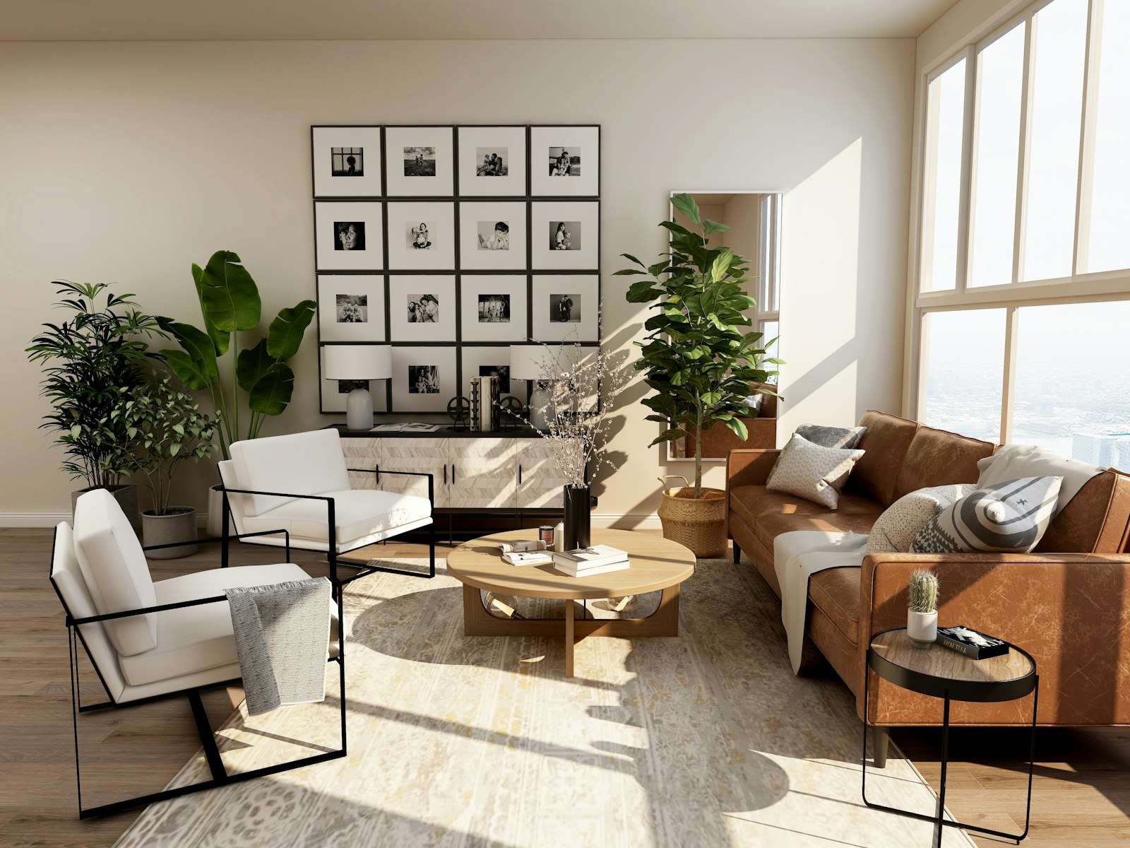 A furnished living room with warm lighting and a large sofa